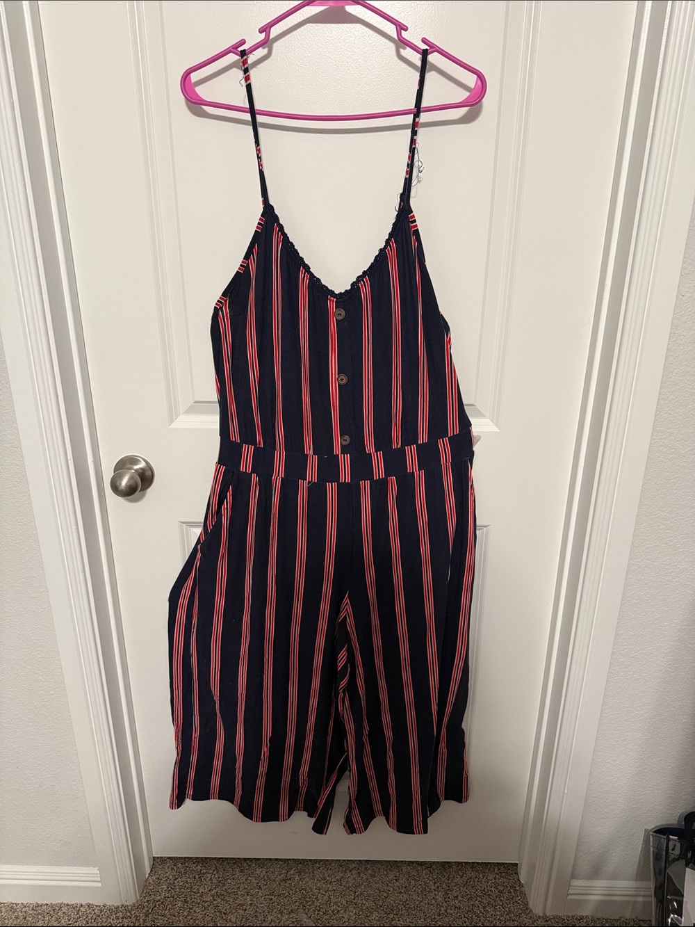 Bobbie Brooks Navy and Red Striped Spaghetti-Strap Jumpsuit